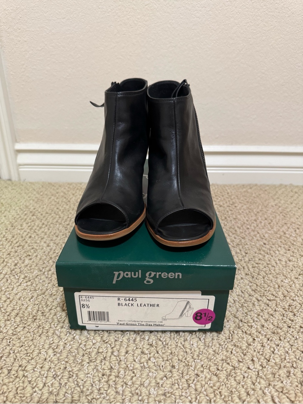 Paul Green Black Leather Peep-Toe Ankle Booties (Size 9)